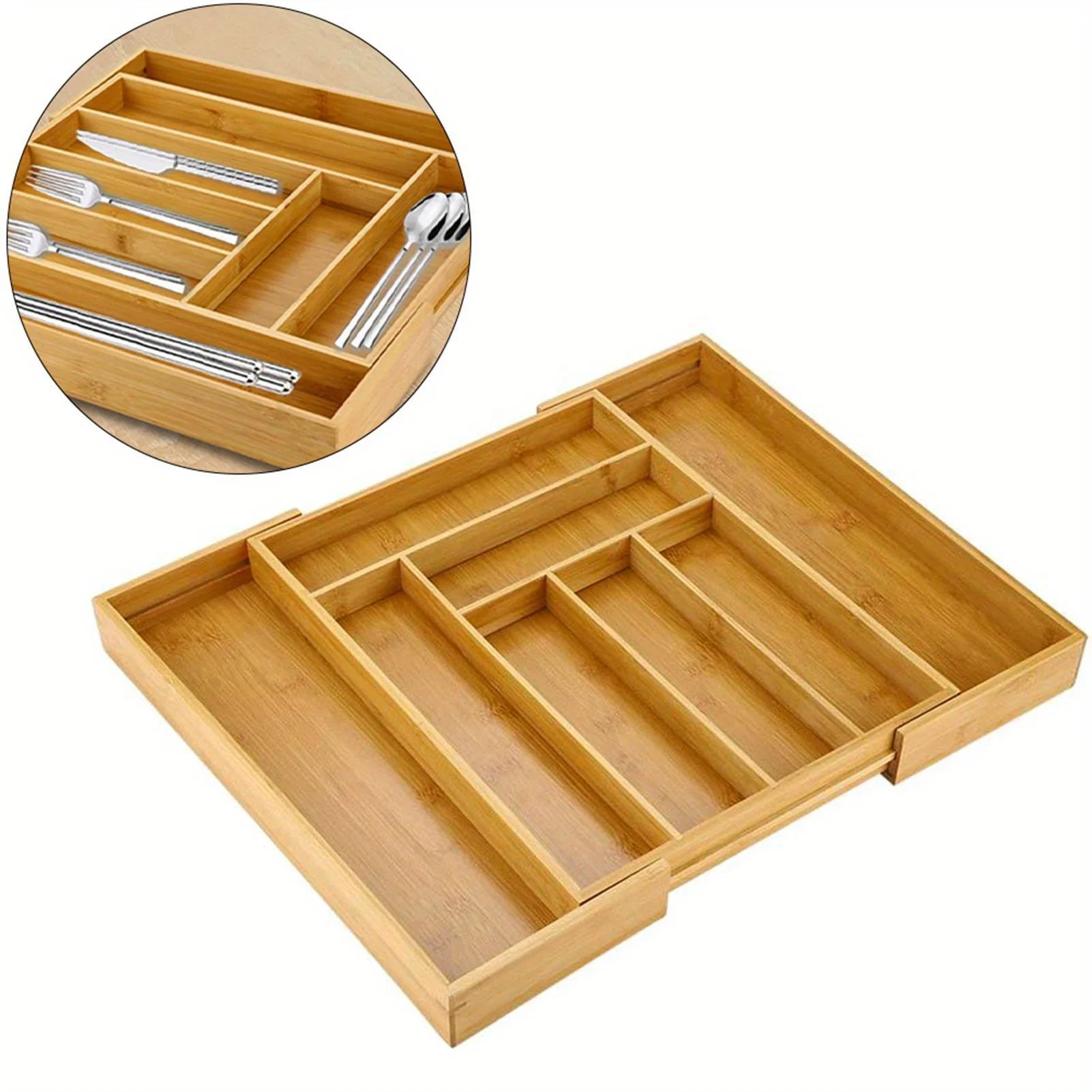 Bamboo Expandable Cutlery Drawer Organizer - Kitchen Utensil Holder with Moisture- Resistant Tray - Adjustable Bamboo Drawer Div