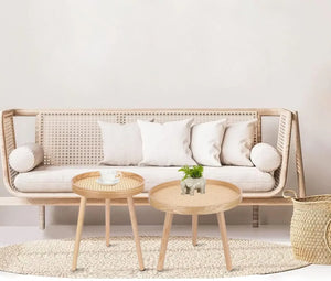 Round Coffee Table Set of 2, Natural Boho Coffee Table, Small Mid Century Modern Rattan Coffee Table, Boho Side Table End Tables