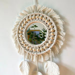 Hand Woven Hanging Decorative Mirror Bohemian Cotton Rope Braided Leaf Tassel Mirror Living Room Decor Macrame Tapestry Mirrors