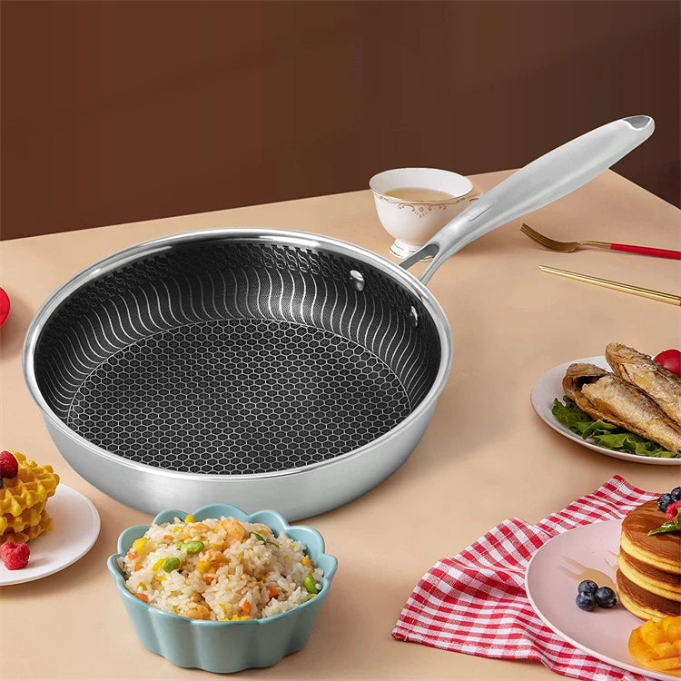 LMETJMA Stainless Steel Frying Pan Nonstick Honeycomb Fry Pan With Lid Induction Ceramic Electric Gas Cooktops Compatible KC0480