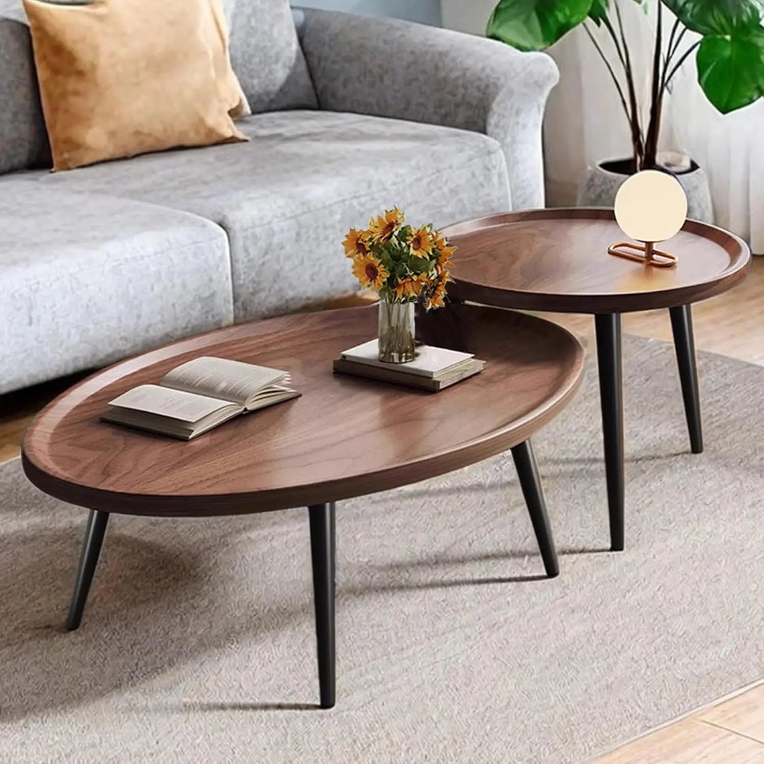 Mid Century Modern Coffee Table, Oval+ Round Side Table Set for Living Room, Bedroom,Small Space