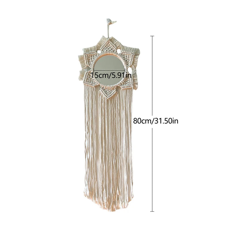 Hand Woven Hanging Decorative Mirror Bohemian Cotton Rope Braided Leaf Tassel Mirror Living Room Decor Macrame Tapestry Mirrors