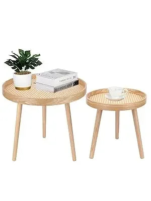 Round Coffee Table Set of 2, Natural Boho Coffee Table, Small Mid Century Modern Rattan Coffee Table, Boho Side Table End Tables