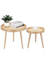 Round Coffee Table Set of 2, Natural Boho Coffee Table, Small Mid Century Modern Rattan Coffee Table, Boho Side Table End Tables