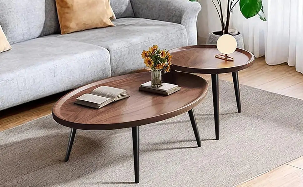 Mid Century Modern Coffee Table, Oval+ Round Side Table Set for Living Room, Bedroom,Small Space