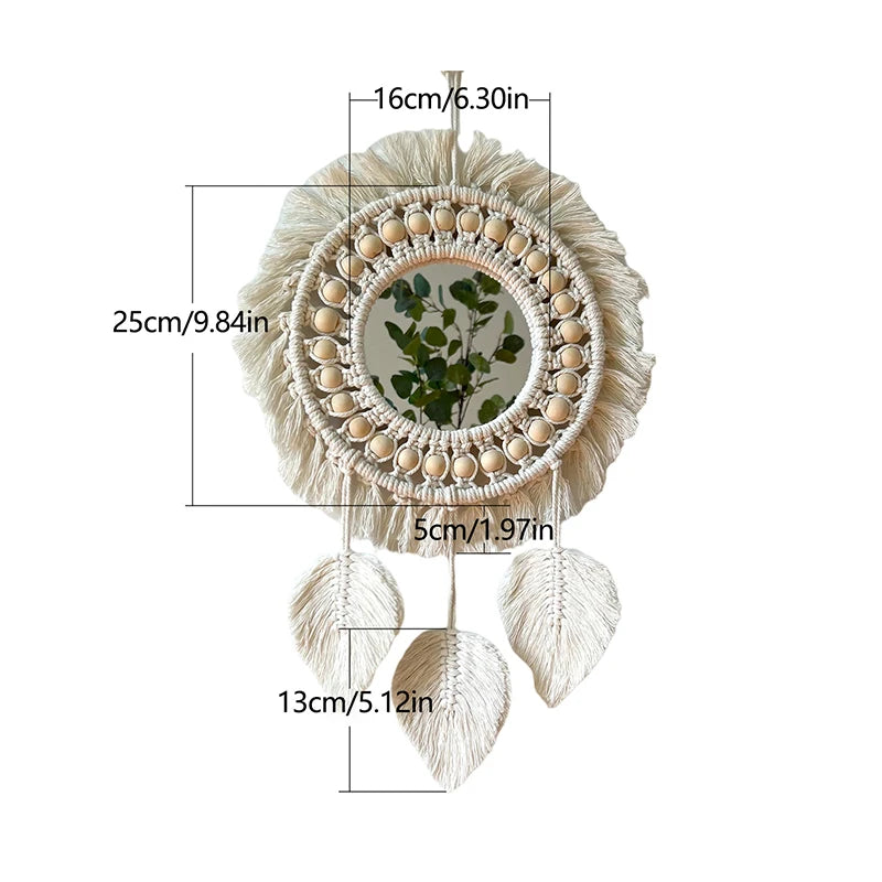 Hand Woven Hanging Decorative Mirror Bohemian Cotton Rope Braided Leaf Tassel Mirror Living Room Decor Macrame Tapestry Mirrors