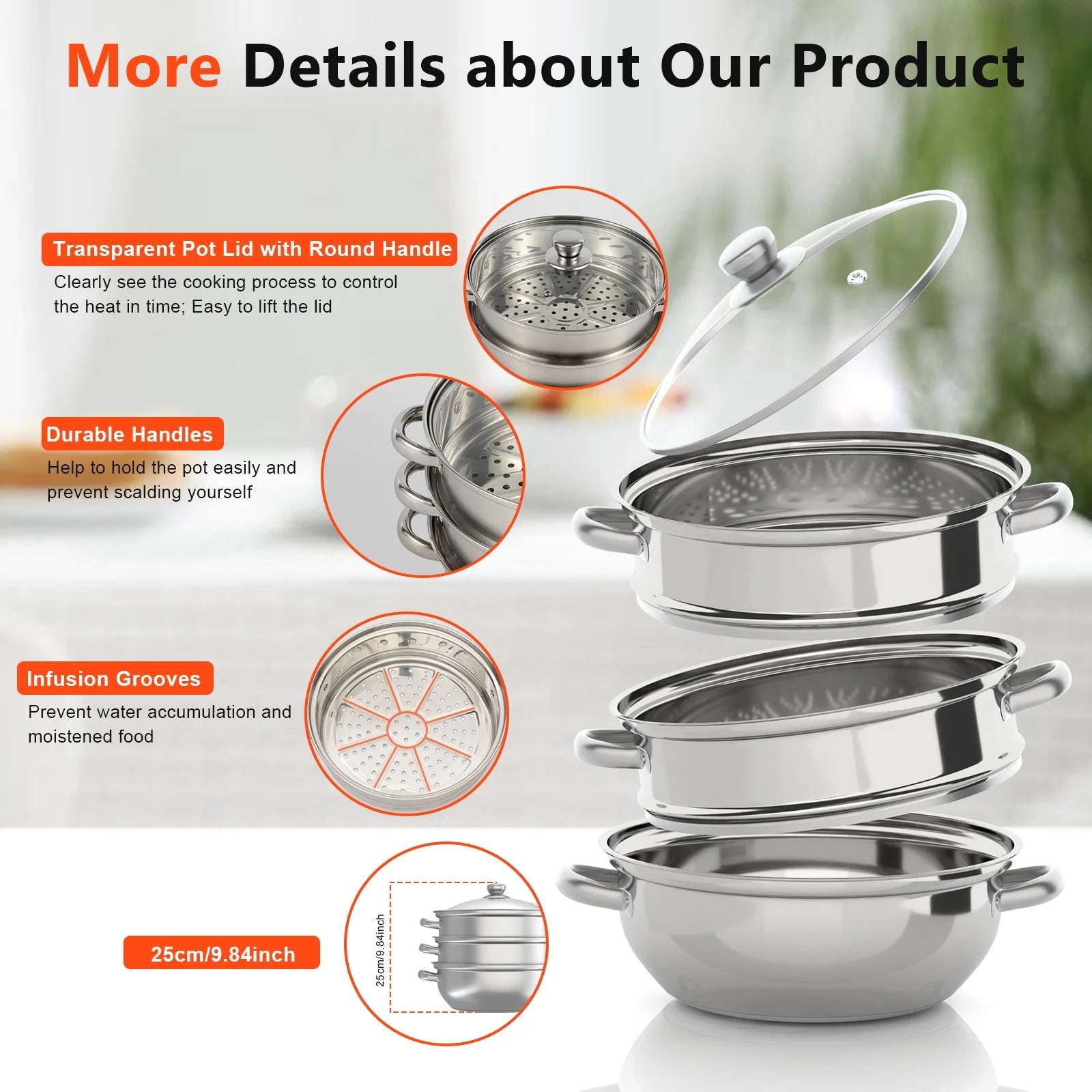 Steamer Cooker 3 Tier Steam Pot KIT Stainless Steel Kitchen Cookware Hot Pot + Glass Lid