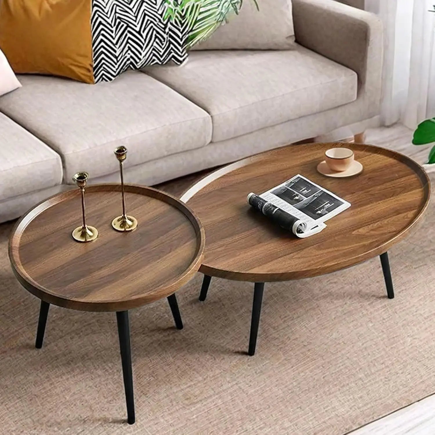 Mid Century Modern Coffee Table, Oval+ Round Side Table Set for Living Room, Bedroom,Small Space