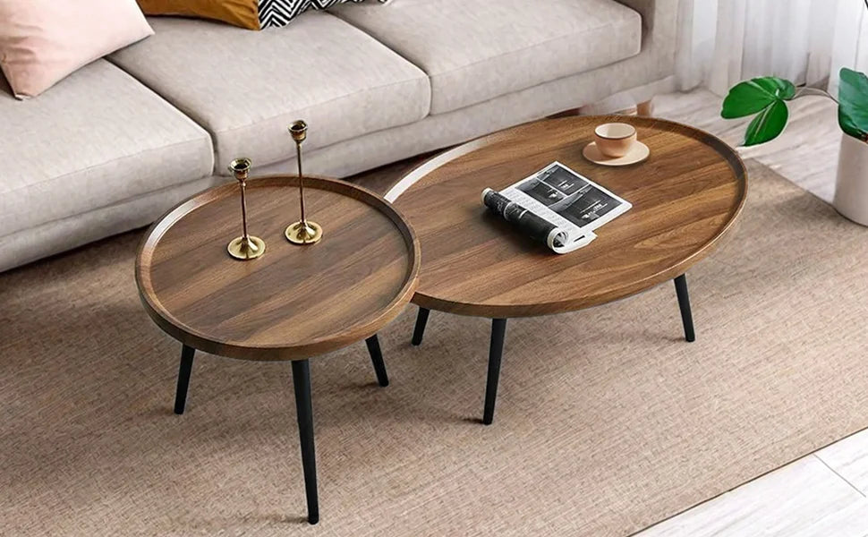 Mid Century Modern Coffee Table, Oval+ Round Side Table Set for Living Room, Bedroom,Small Space