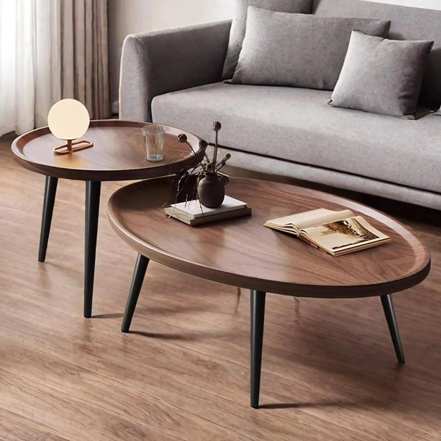 Mid Century Modern Coffee Table, Oval+ Round Side Table Set for Living Room, Bedroom,Small Space