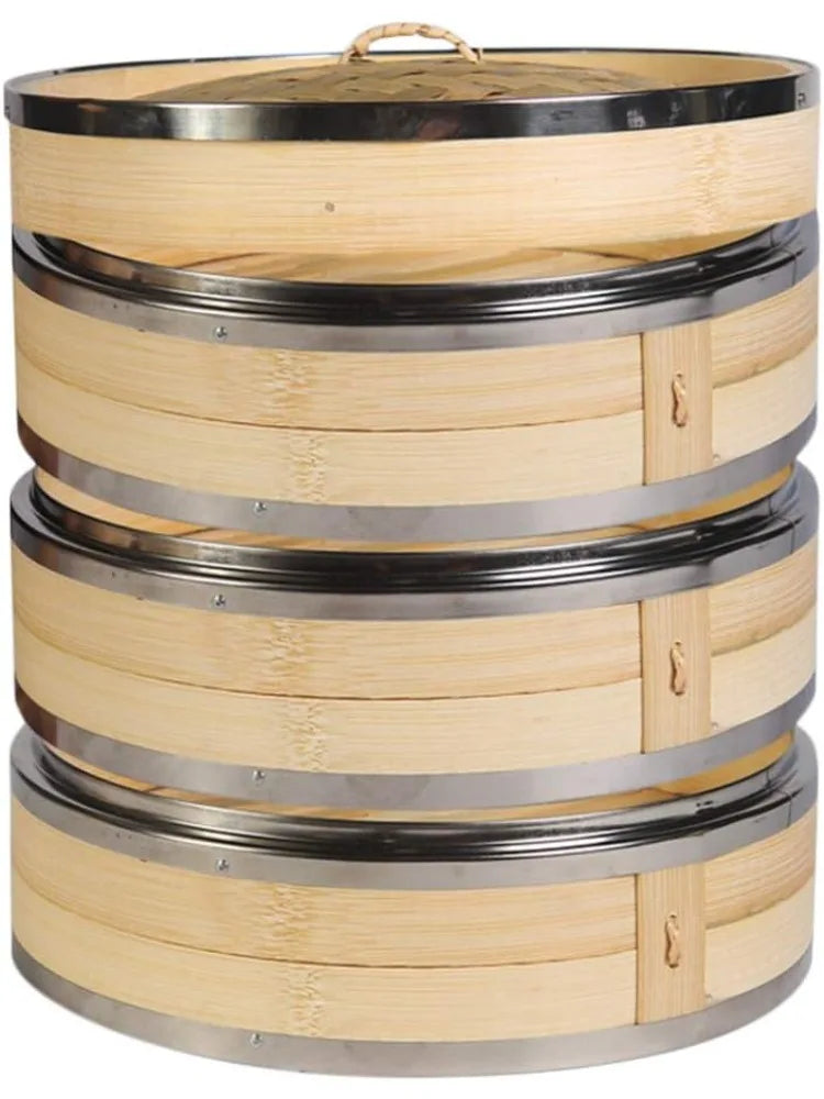 3 Tier Kitchen Bamboo Steamer with Double Stainless Steel Banding for Asian Cooking Buns Dumplings Vegetables Fish Rice