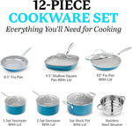 Blue Pots and Pans Set, 12 Piece Nonstick Ceramic Cookware, Includes Frying Pans, Stockpots & Saucepans, Stay Cool Handles