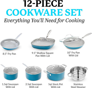 Blue Pots and Pans Set, 12 Piece Nonstick Ceramic Cookware, Includes Frying Pans, Stockpots & Saucepans, Stay Cool Handles