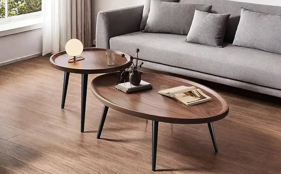 Mid Century Modern Coffee Table, Oval+ Round Side Table Set for Living Room, Bedroom,Small Space