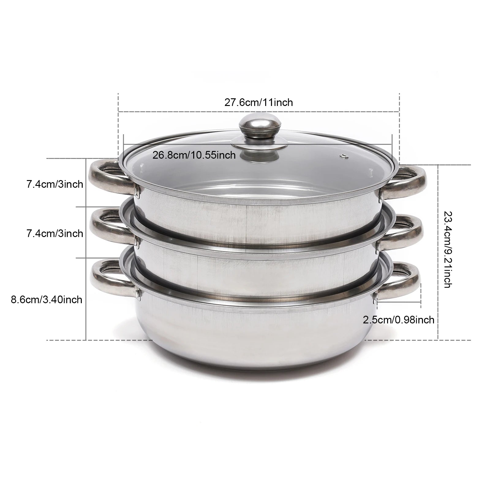 Steamer Cooker 3 Tier Steam Pot KIT Stainless Steel Kitchen Cookware Hot Pot + Glass Lid