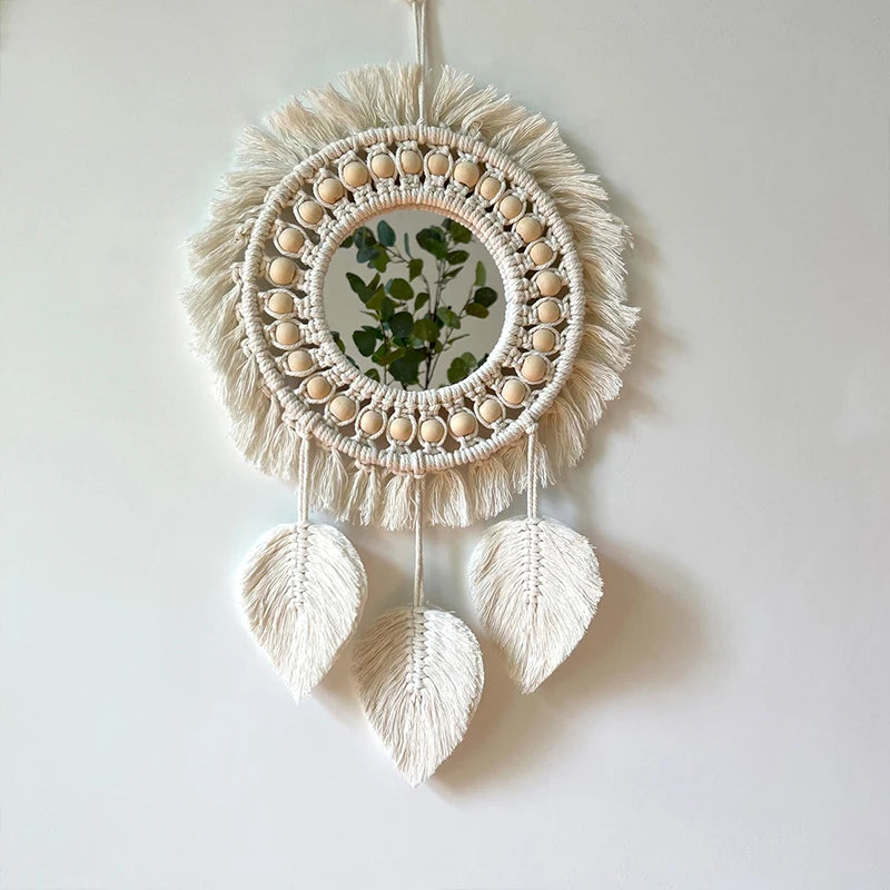 Hand Woven Hanging Decorative Mirror Bohemian Cotton Rope Braided Leaf Tassel Mirror Living Room Decor Macrame Tapestry Mirrors