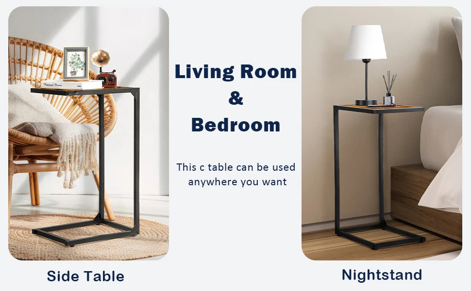 2-Pack C-Shaped Side Table Slim Wood Look Accent Furniture with Metal Frame,Ideal for Small Spaces,Living Room and Bedroom