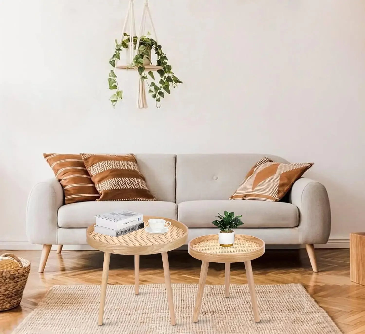 Round Coffee Table Set of 2, Natural Boho Coffee Table, Small Mid Century Modern Rattan Coffee Table, Boho Side Table End Tables
