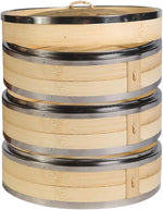 3 Tier Kitchen Bamboo Steamer with Double Stainless Steel Banding for Asian Cooking Buns Dumplings Vegetables Fish Rice