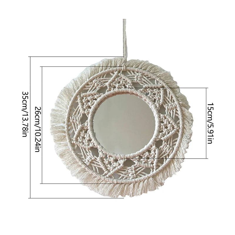 Hand Woven Hanging Decorative Mirror Bohemian Cotton Rope Braided Leaf Tassel Mirror Living Room Decor Macrame Tapestry Mirrors