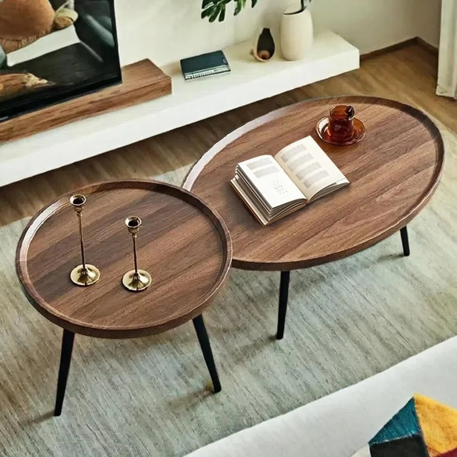 Mid Century Modern Coffee Table, Oval+ Round Side Table Set for Living Room, Bedroom,Small Space