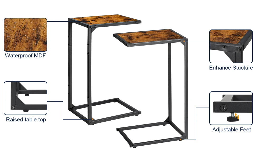 2-Pack C-Shaped Side Table Slim Wood Look Accent Furniture with Metal Frame,Ideal for Small Spaces,Living Room and Bedroom