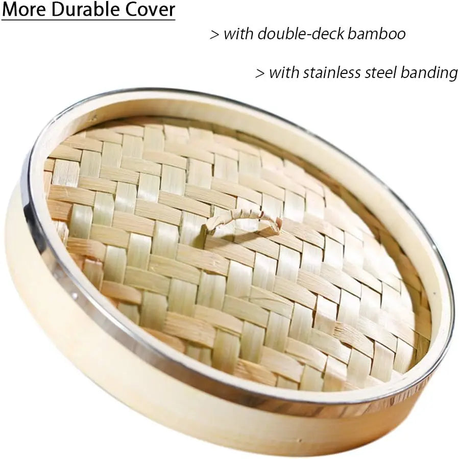 3 Tier Kitchen Bamboo Steamer with Double Stainless Steel Banding for Asian Cooking Buns Dumplings Vegetables Fish Rice