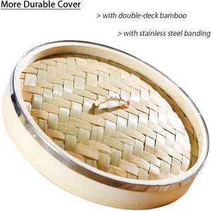 3 Tier Kitchen Bamboo Steamer with Double Stainless Steel Banding for Asian Cooking Buns Dumplings Vegetables Fish Rice