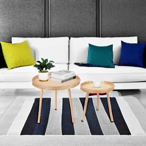 Round Coffee Table Set of 2, Natural Boho Coffee Table, Small Mid Century Modern Rattan Coffee Table, Boho Side Table End Tables