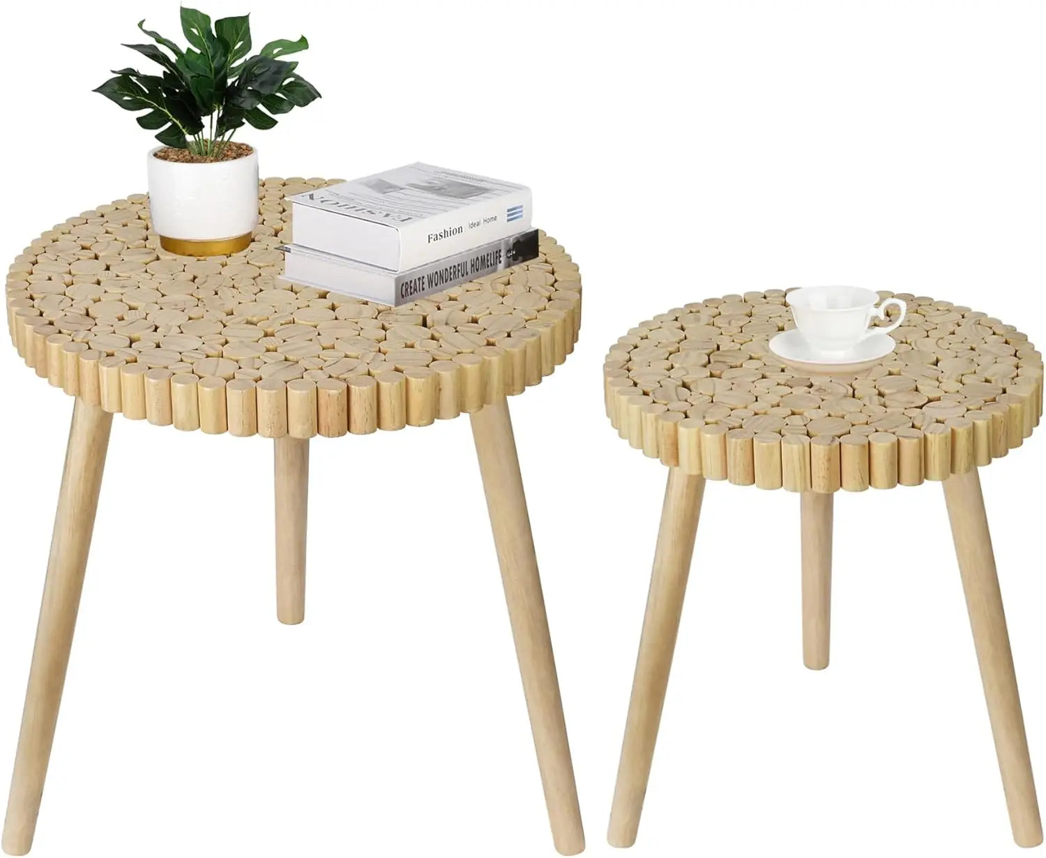 Round Coffee Table Set of 2, Natural Boho Coffee Table, Small Mid Century Modern Rattan Coffee Table, Boho Side Table End Tables