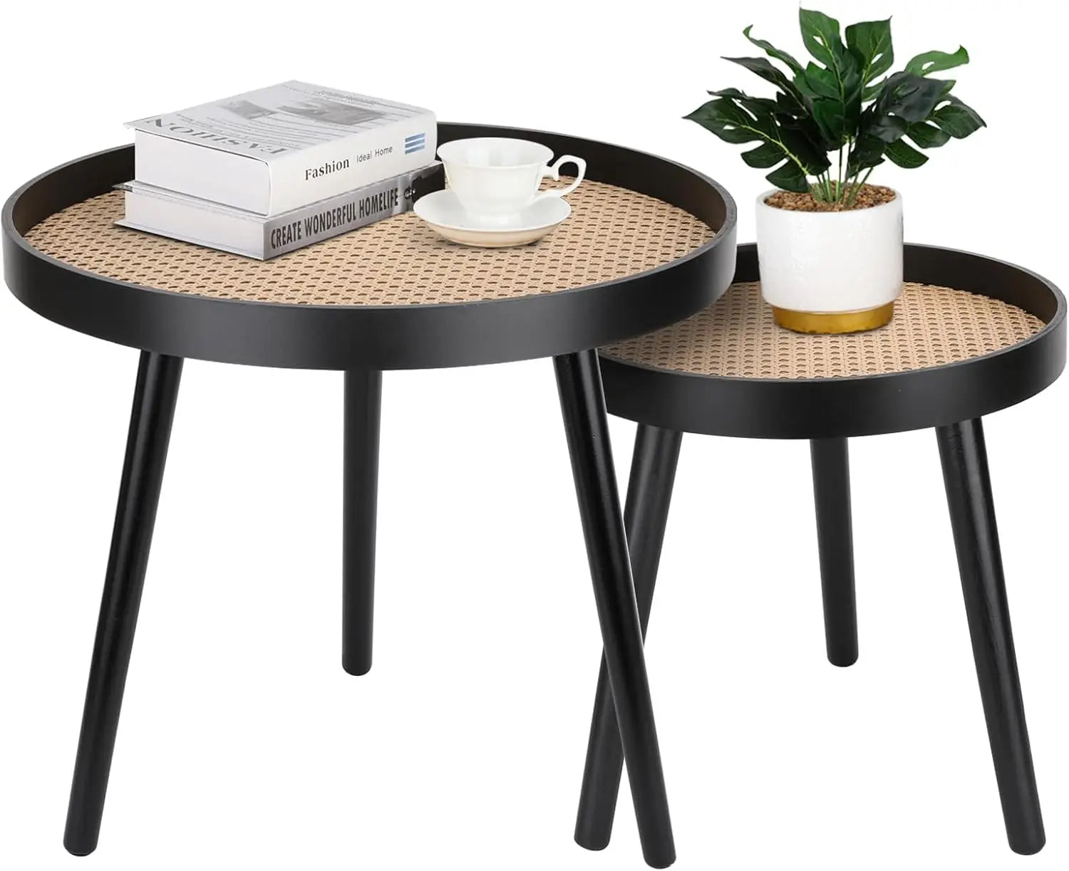 Round Coffee Table Set of 2, Natural Boho Coffee Table, Small Mid Century Modern Rattan Coffee Table, Boho Side Table End Tables