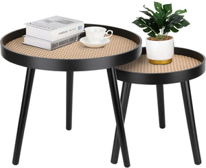 Round Coffee Table Set of 2, Natural Boho Coffee Table, Small Mid Century Modern Rattan Coffee Table, Boho Side Table End Tables