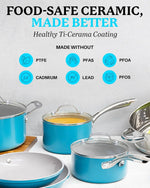 Blue Pots and Pans Set, 12 Piece Nonstick Ceramic Cookware, Includes Frying Pans, Stockpots & Saucepans, Stay Cool Handles