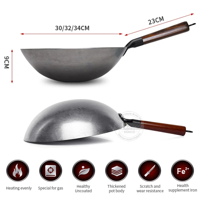 Iron Pot Household Frying Pan Traditional Hand Forged Without Coating Wooden Handle Old-style Non-iron Pot (30cm)