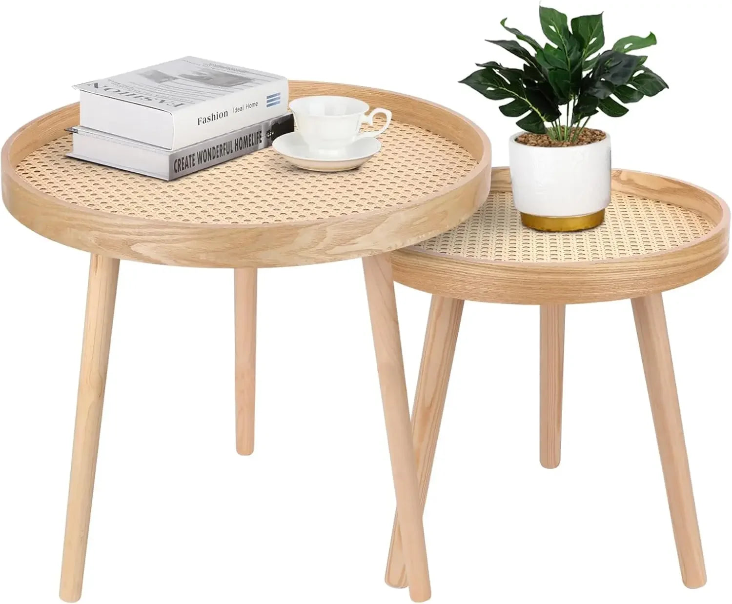 Round Coffee Table Set of 2, Natural Boho Coffee Table, Small Mid Century Modern Rattan Coffee Table, Boho Side Table End Tables