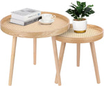 Round Coffee Table Set of 2, Natural Boho Coffee Table, Small Mid Century Modern Rattan Coffee Table, Boho Side Table End Tables