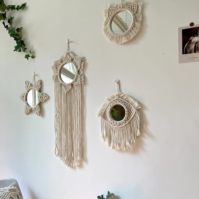 Hand Woven Hanging Decorative Mirror Bohemian Cotton Rope Braided Leaf Tassel Mirror Living Room Decor Macrame Tapestry Mirrors